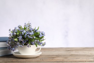 Beautiful forget-me-not flowers in cup and saucer on wooden table against light background, closeup. Space for text