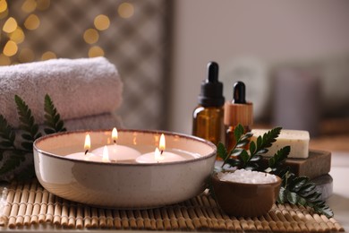 Beautiful composition with different spa products on table, closeup