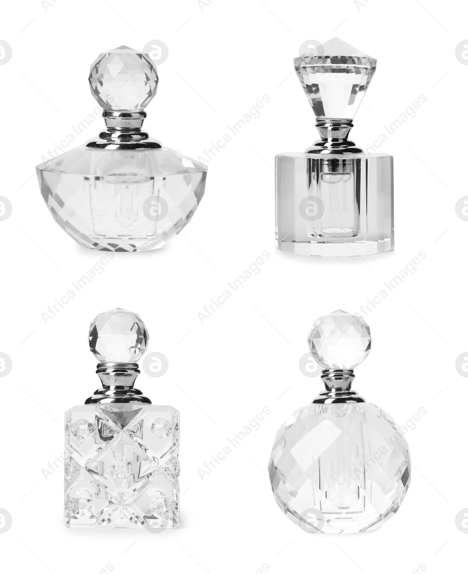 Image of Set with different bottles of luxury perfume on white background