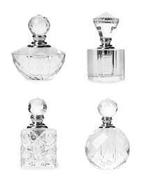 Image of Set with different bottles of luxury perfume on white background