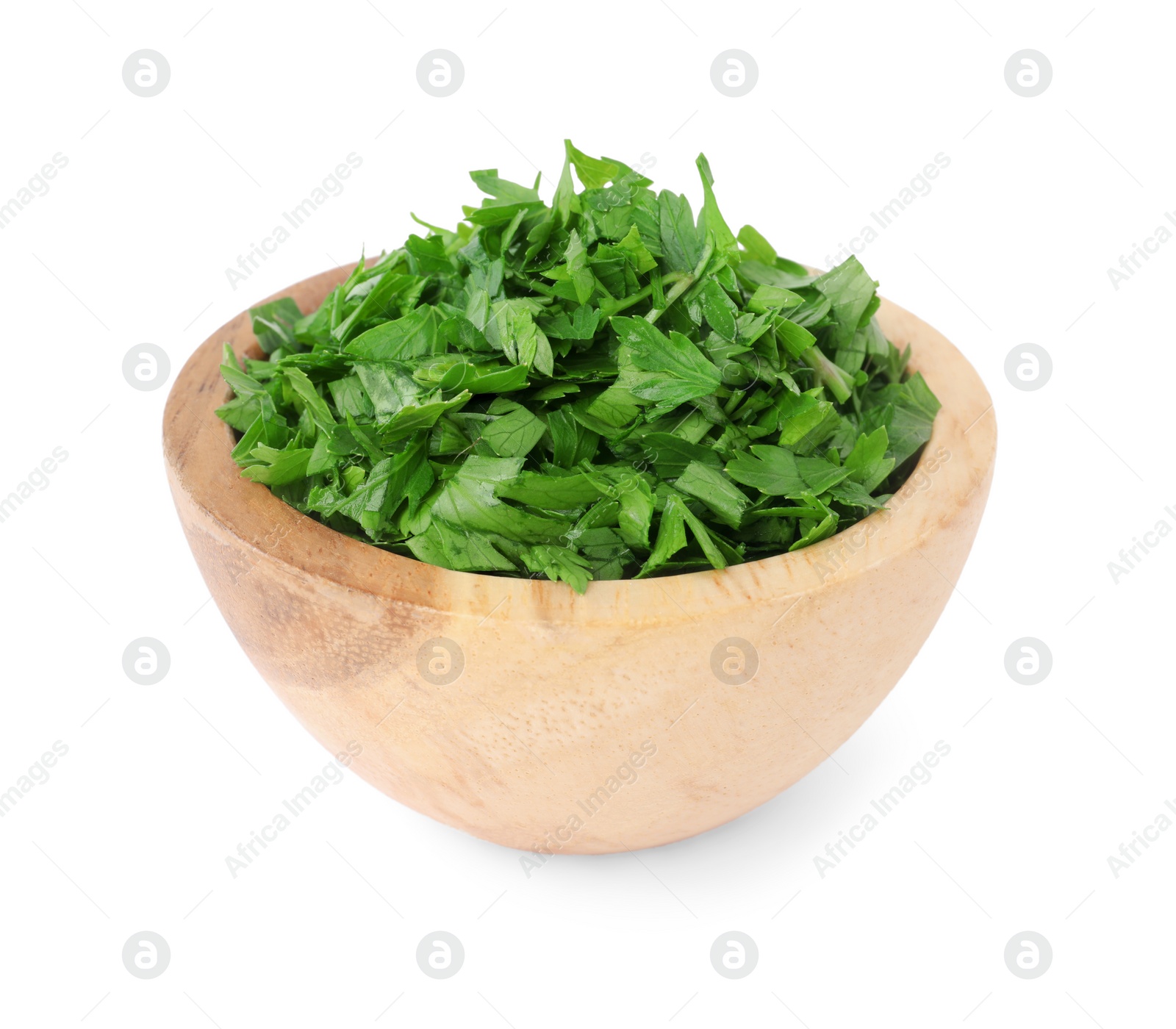 Chopped parsley leaves in bowl isolated on white Photo of Chopped parsley leaves in bowl isolated on white