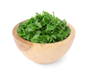 Photo of Chopped parsley leaves in bowl isolated on white