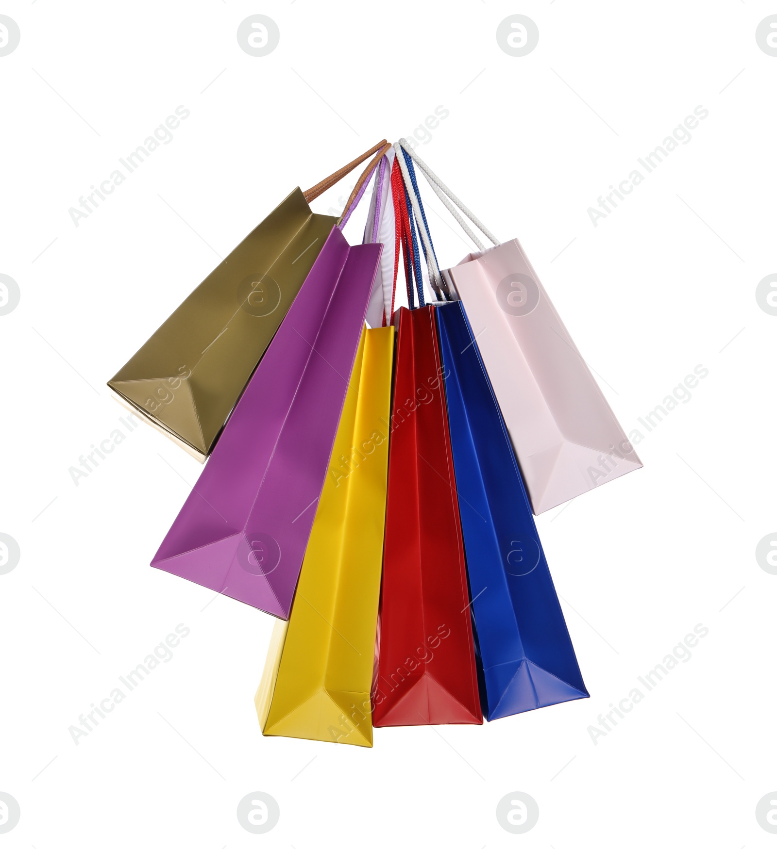 Photo of Colorful paper shopping bags isolated on white