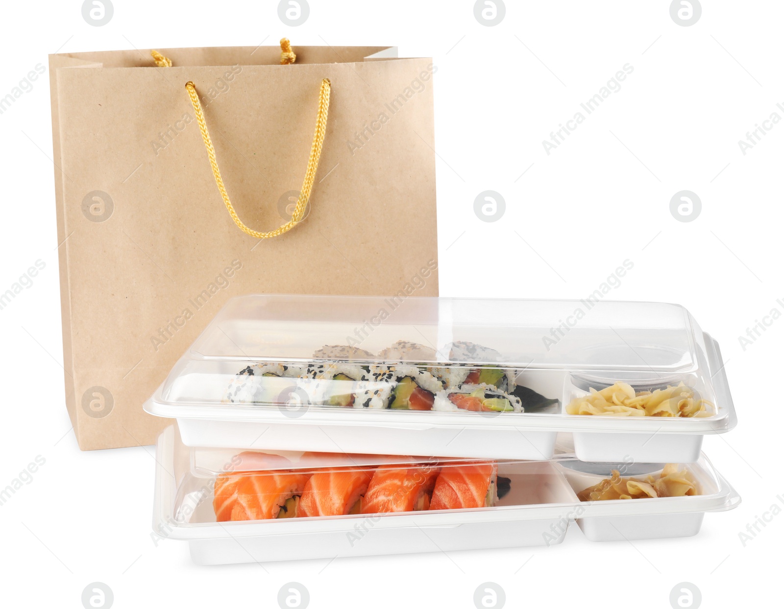 Photo of Food delivery. Plastic boxes with delicious sushi rolls near paper package on white background