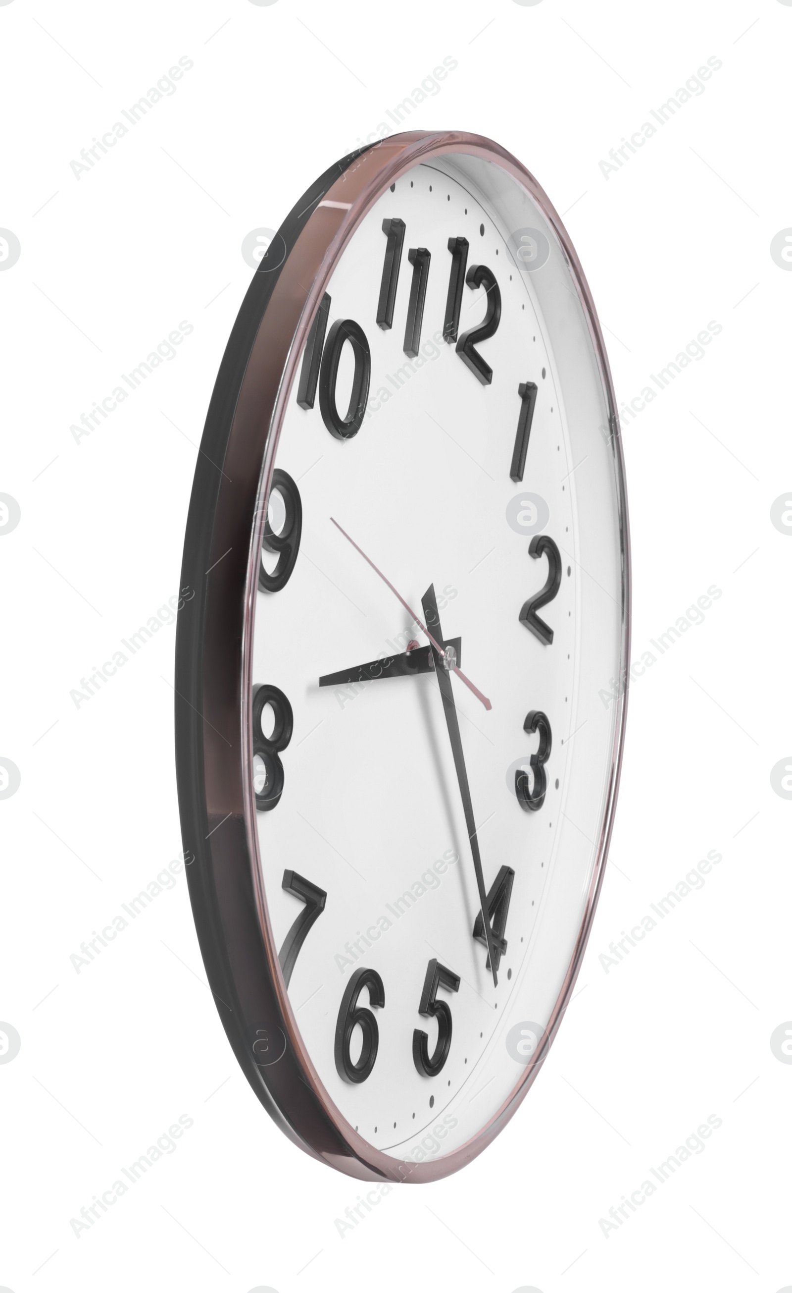 Photo of Stylish round clock isolated on white. Interior element