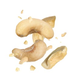 Image of Tasty cashew nuts flying on white background