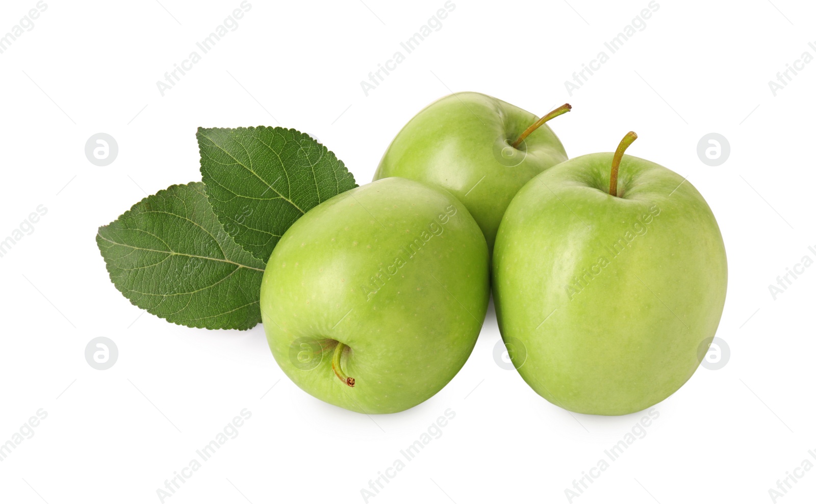 Photo of Ripe green apples and leaves isolated on white