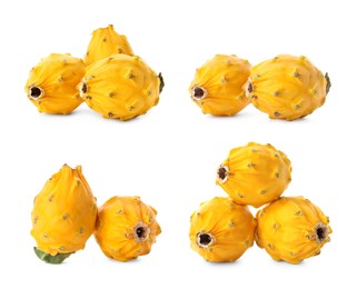 Image of Set with delicious yellow dragon fruits (pitahaya) on white background 