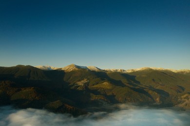 Beautiful landscape with mountains and blue sky. Drone photography