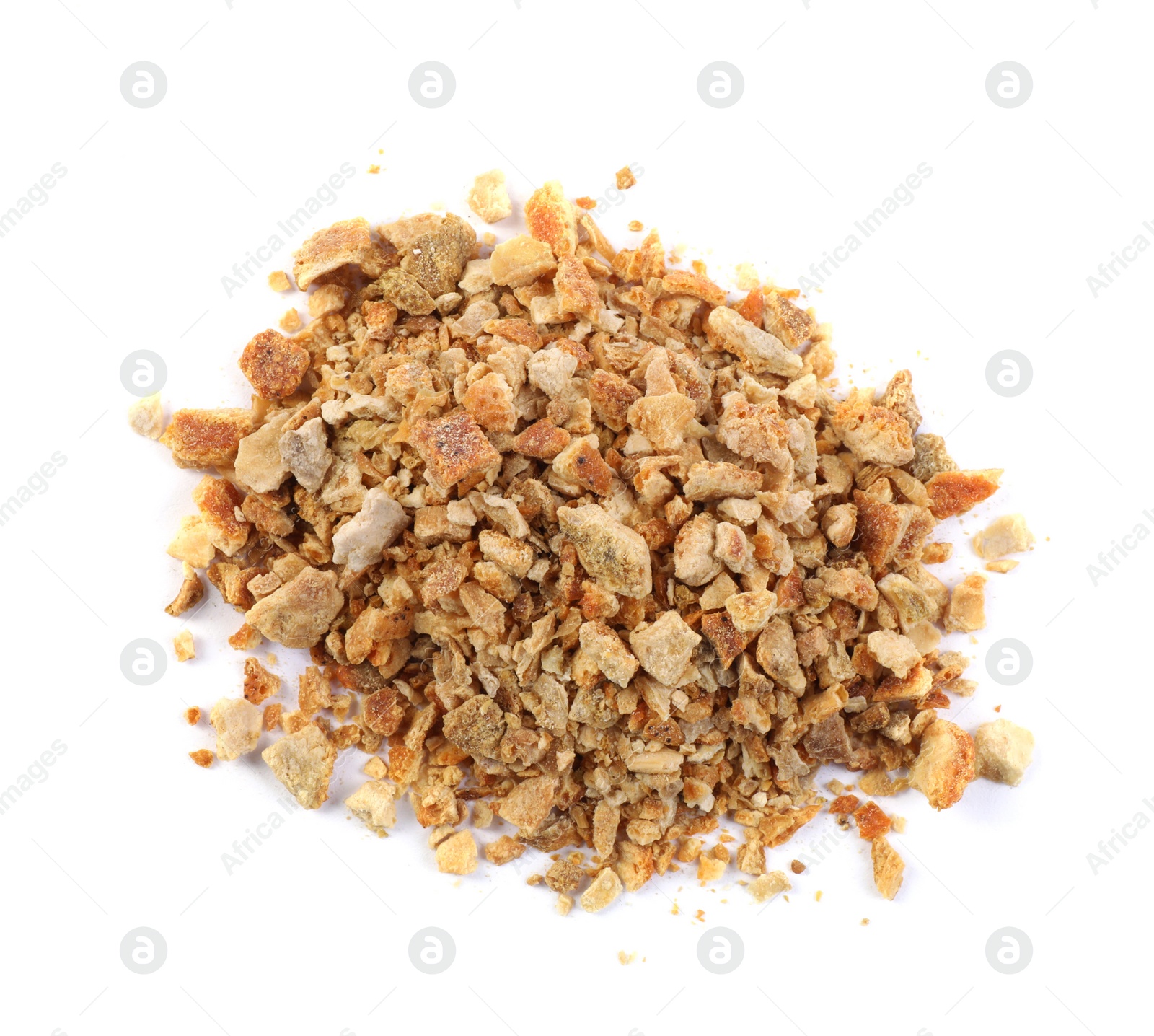 Photo of Pile of dried orange zest seasoning isolated on white, top view