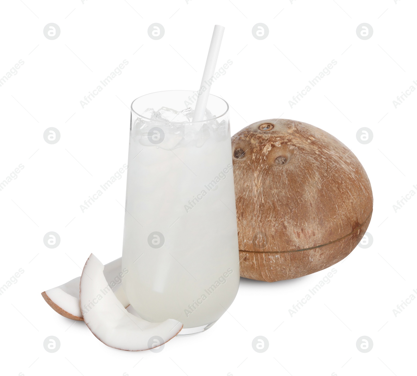 Photo of Glass of coconut water, ice cubes and nuts isolated on white