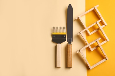 Photo of Beekeeping tools on color background, flat lay. Space for text