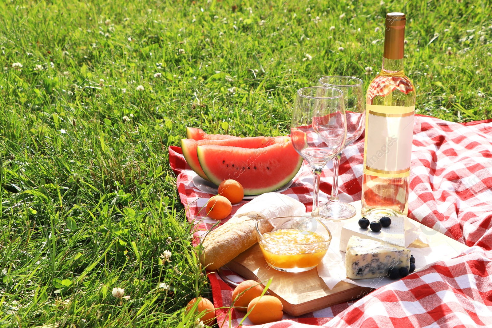 Photo of Picnic blanket with delicious food and wine outdoors on summer day, space for text