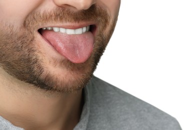 Photo of Man showing his tongue on white background, closeup