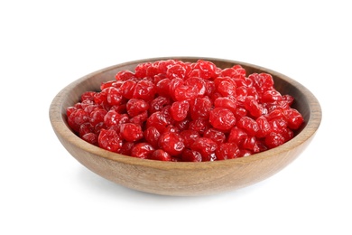 Photo of Bowl with tasty cherries on white background. Dried fruits as healthy food