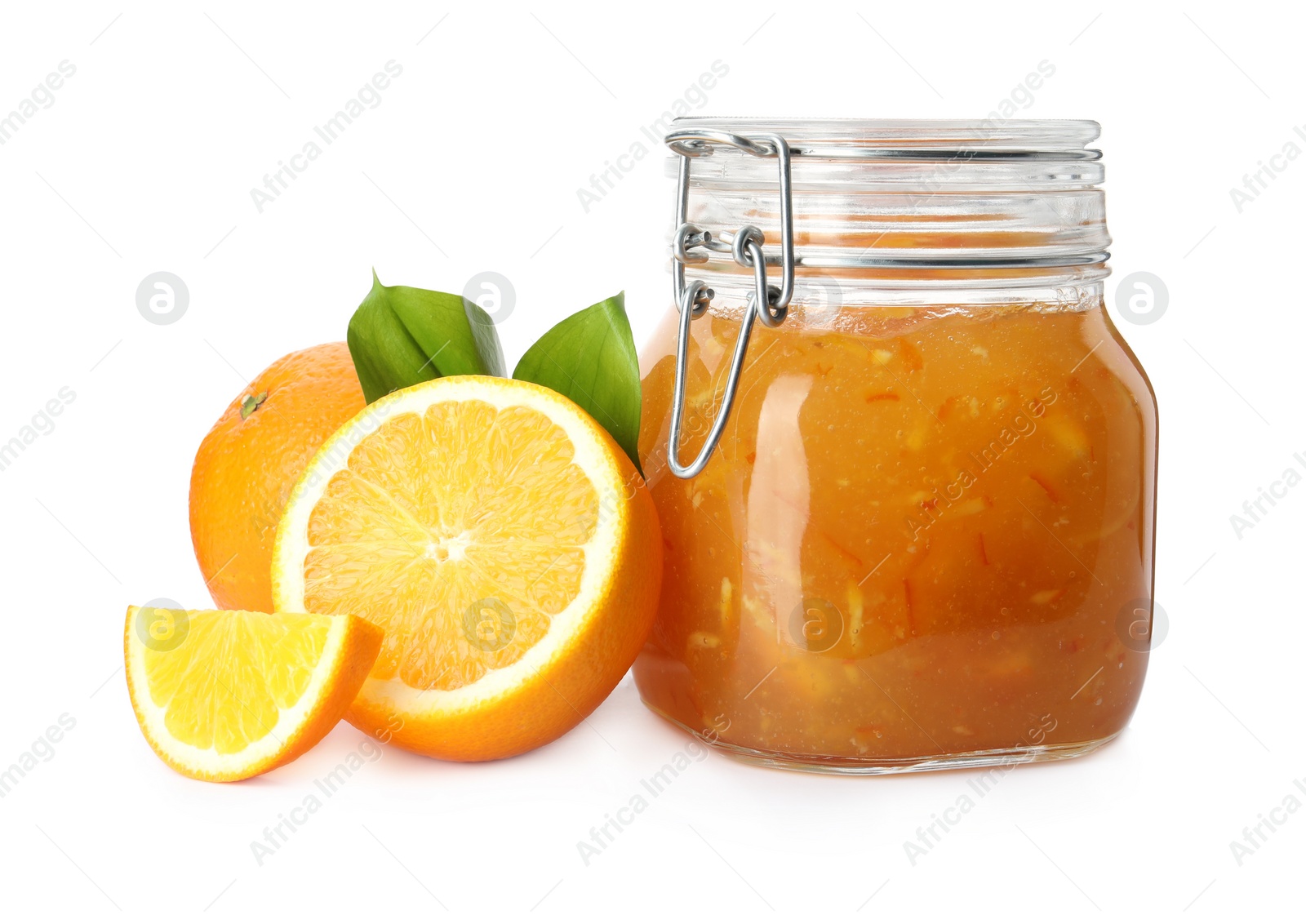 Photo of Delicious orange marmalade in glass jar and citrus fruits on white background