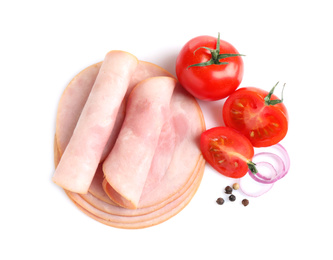 Photo of Slices of tasty fresh ham, vegetables and pepper isolated on white, top view