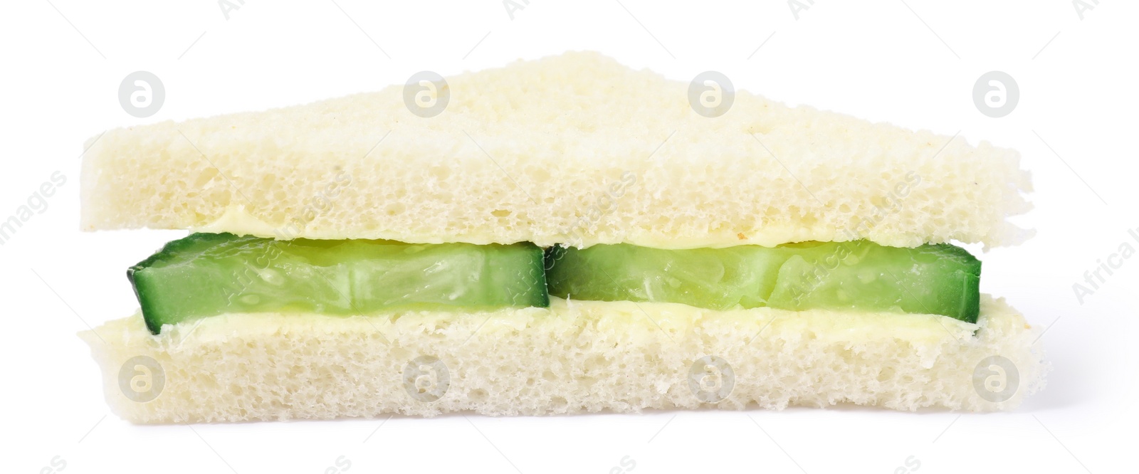 Photo of Tasty sandwich with cucumber and butter isolated on white, closeup