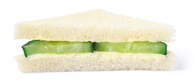 Tasty sandwich with cucumber and butter isolated on white, closeup