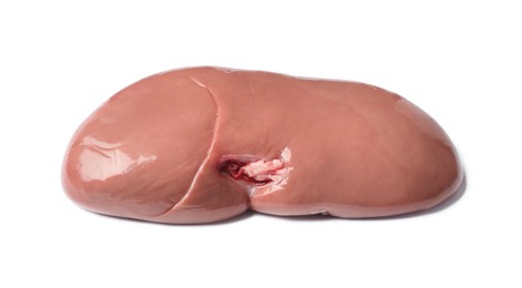 Photo of Fresh raw pork kidney on white background