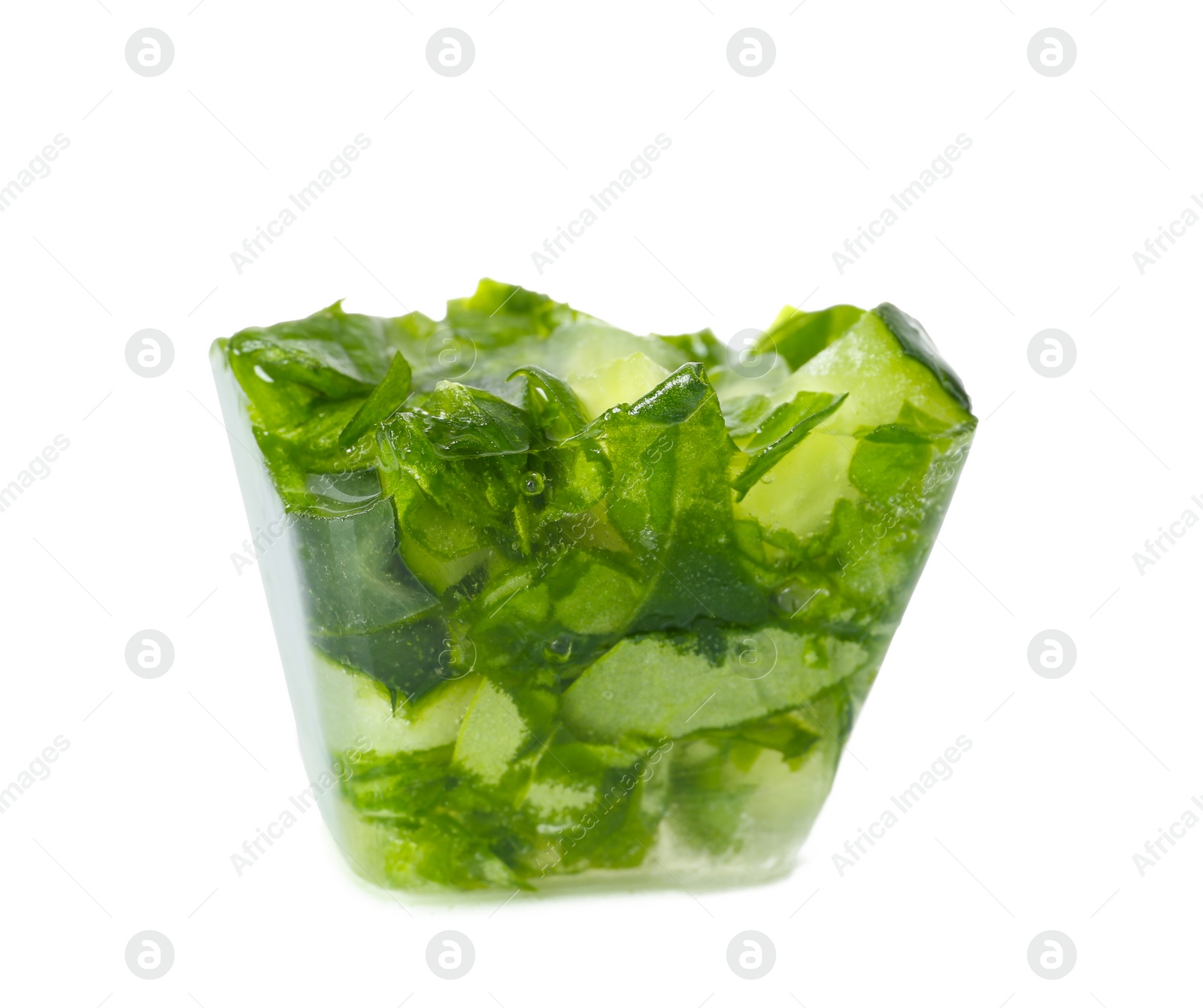 Photo of Ice cube with cucumber slices and herbs on white background