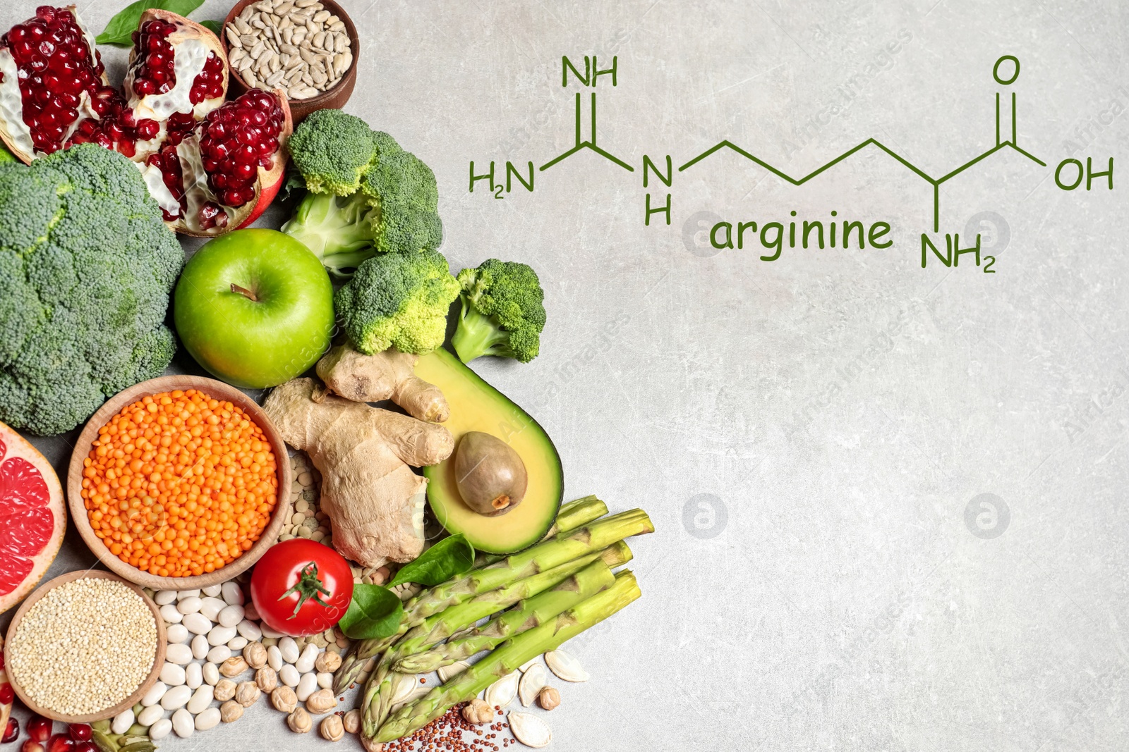 Image of Fresh vegetables, fruits and seeds on light grey table, flat lay. Sources of essential amino acids 