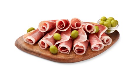 Photo of Wooden board with rolled slices of delicious jamon and olives isolated on white