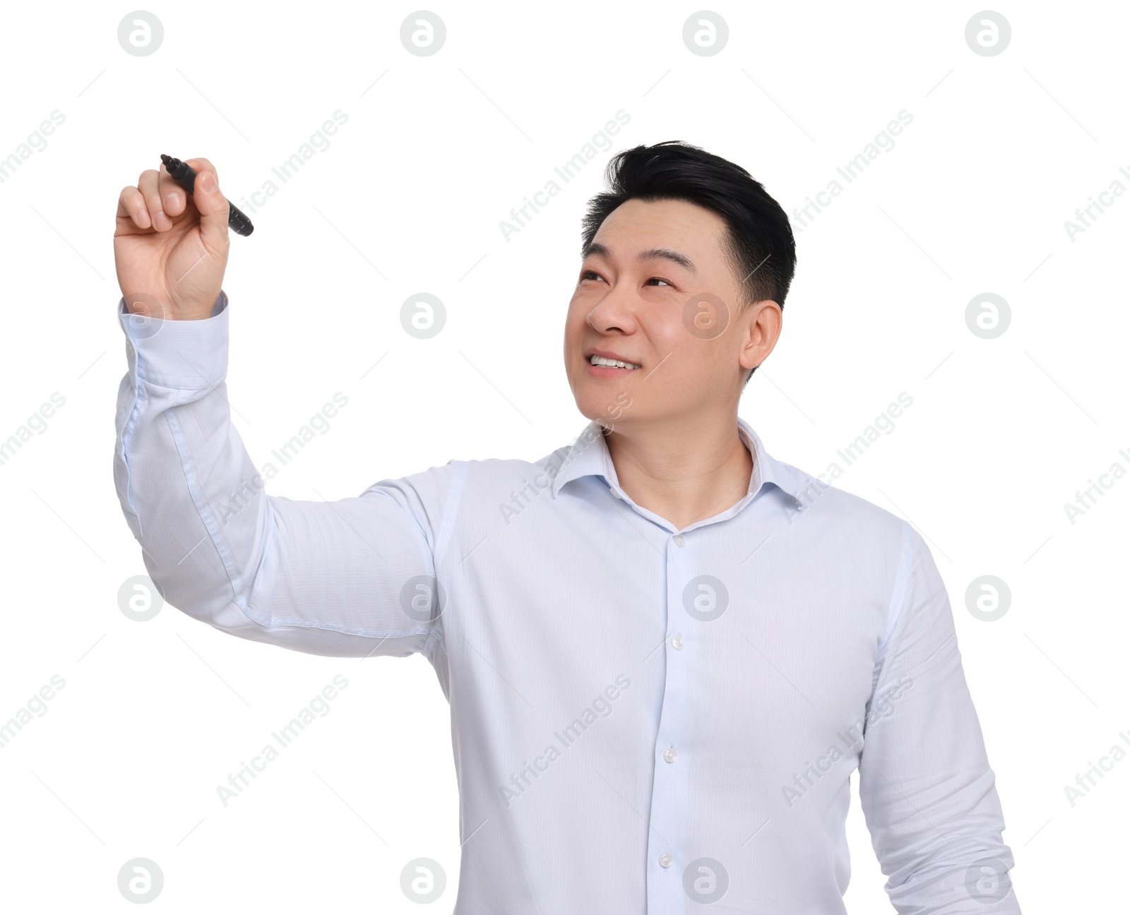 Photo of Businessman in formal clothes with marker writing on white background