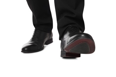 Businessman in leather shoes on white background, closeup