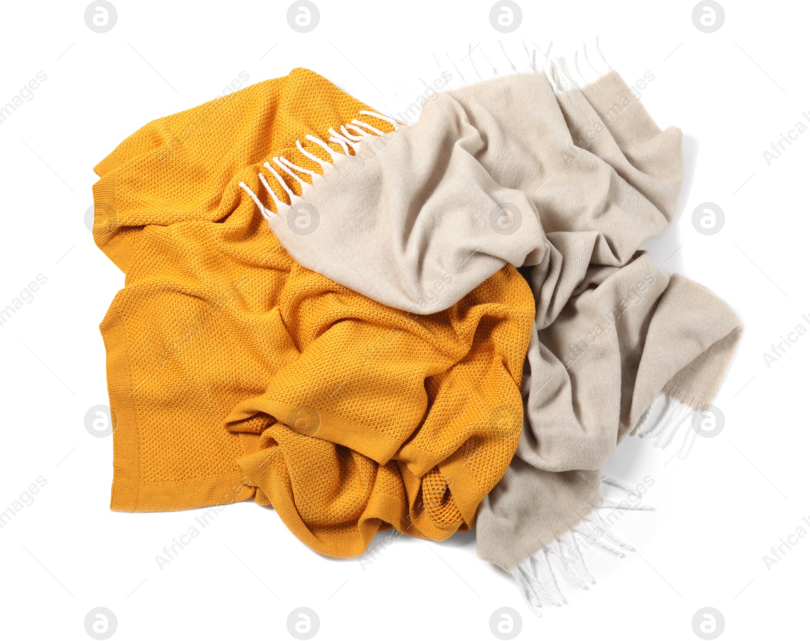 Photo of Two soft warm blankets isolated on white, top view