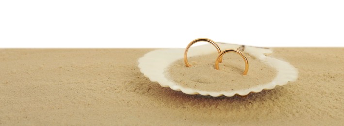 Photo of Honeymoon concept. Two golden rings in shell and sand isolated on white