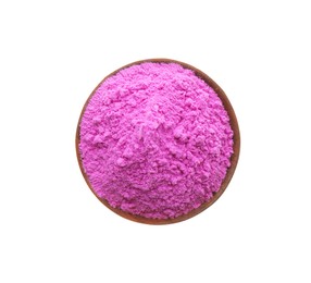 Violet powder in bowl isolated on white, top view. Holi festival celebration