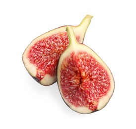 Photo of Halves of fresh fig isolated on white, top view