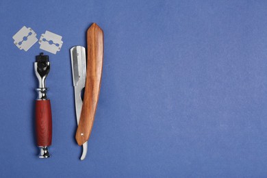 Set of men's shaving tools on blue background, flat lay. Space for text