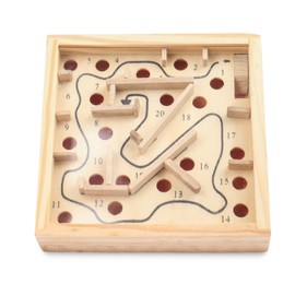 Photo of Wooden labyrinth isolated on white. Children's toy