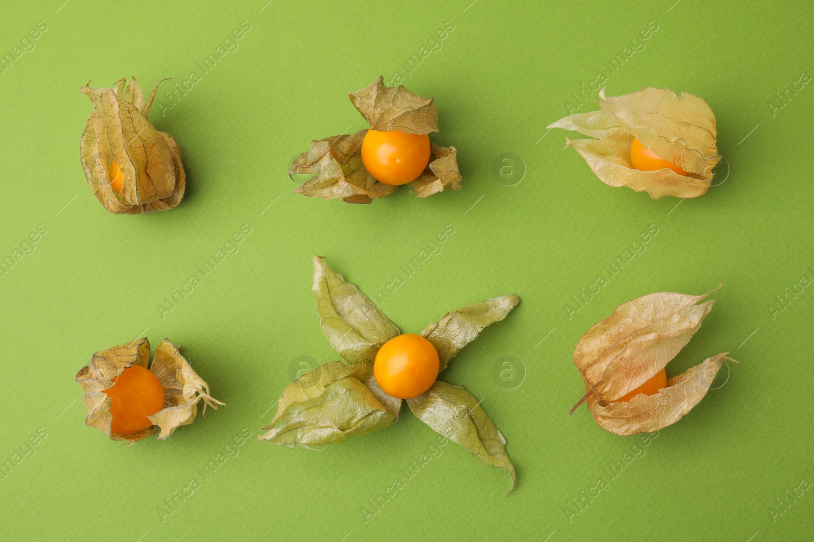 Photo of Ripe physalis fruits with calyxes on light green table, flat lay