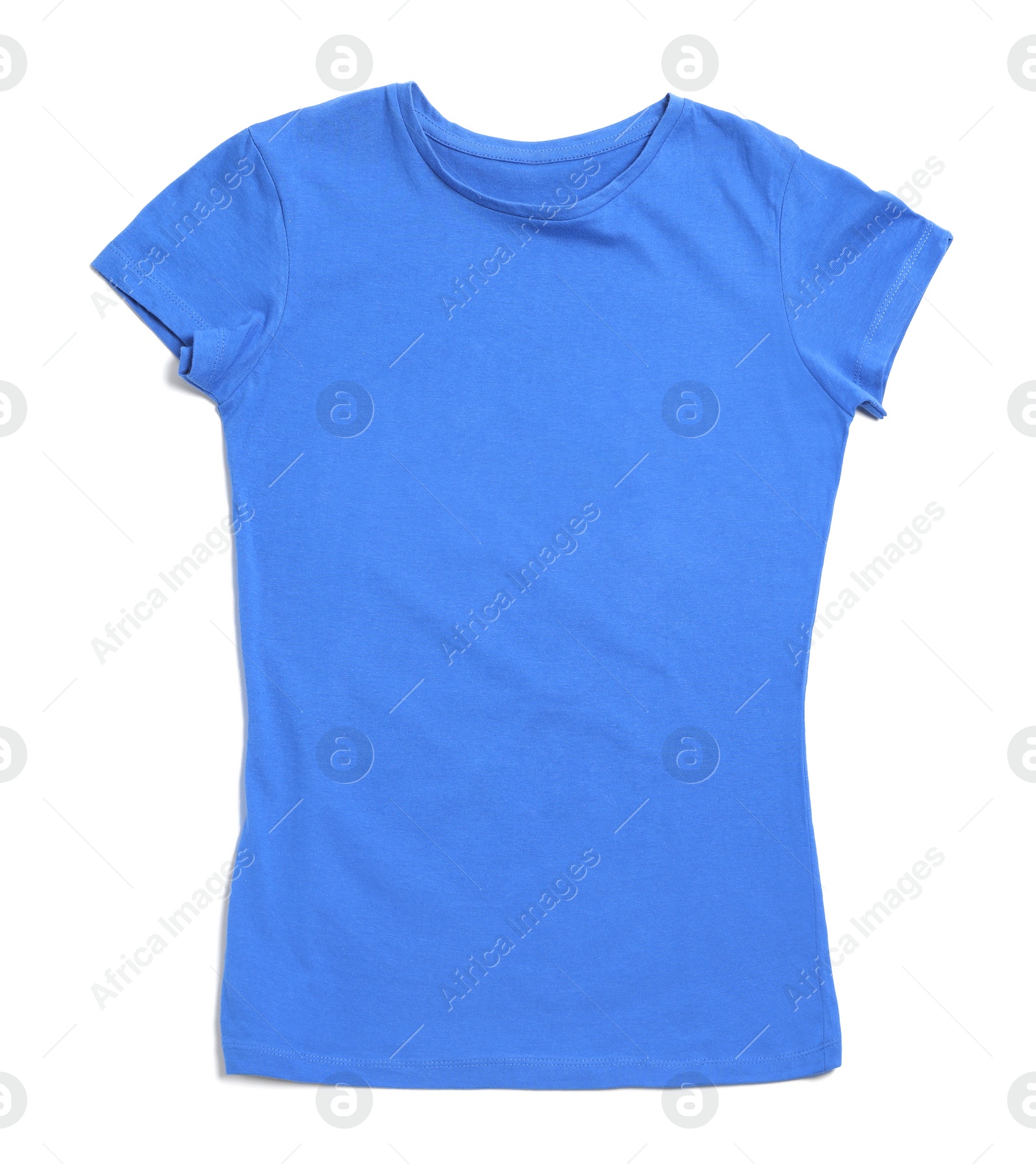 Photo of Stylish blue female T-shirt isolated on white, top view