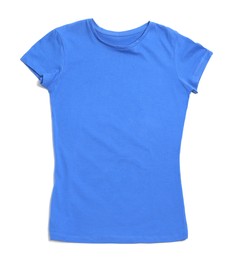 Photo of Stylish blue female T-shirt isolated on white, top view