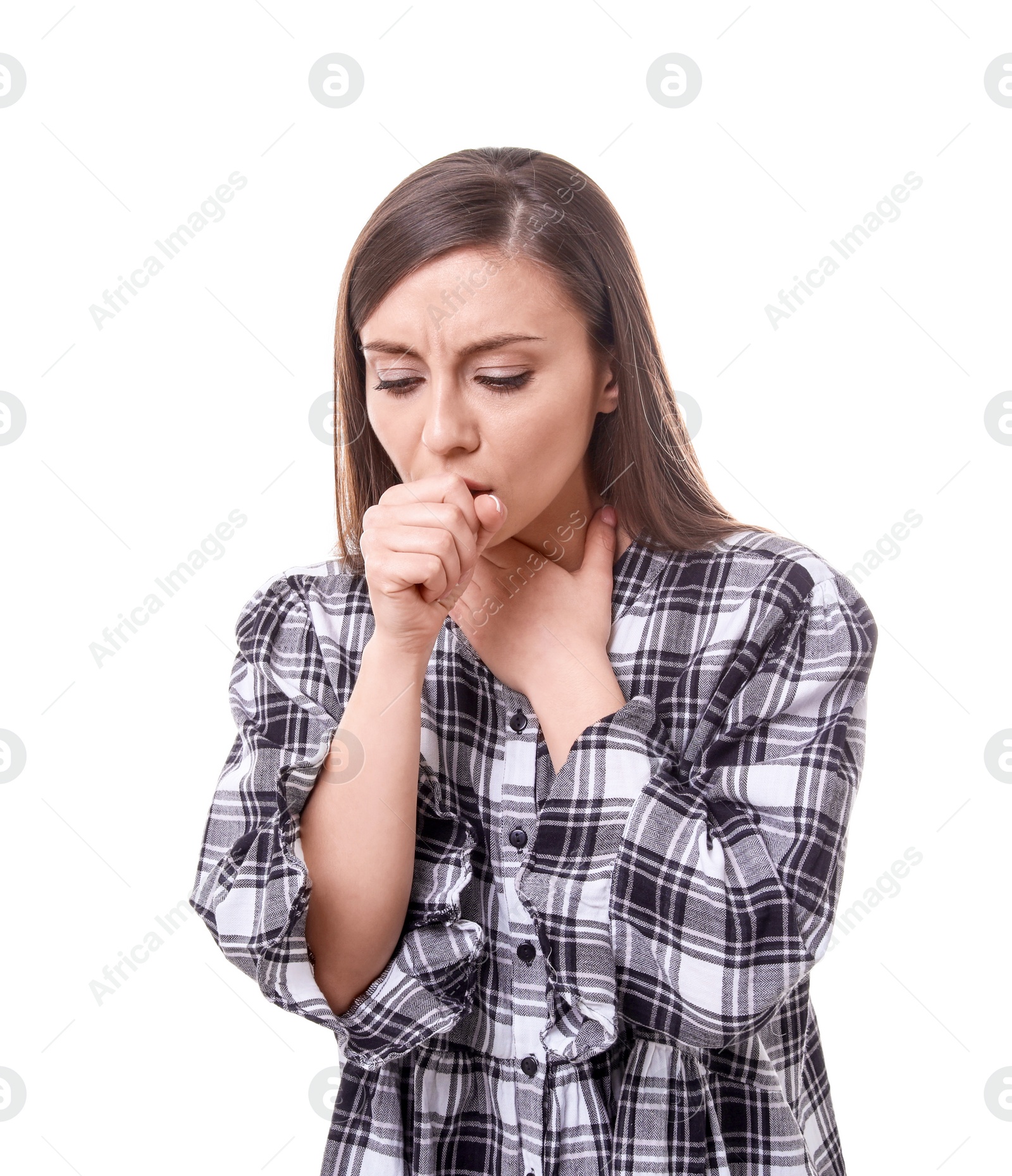 Photo of Young woman coughing on white background