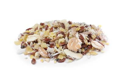 Photo of Pile of granola on white background. Healthy snack