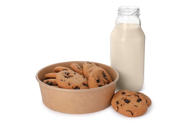 Photo of Delicious chocolate chip cookies and milk isolated on white