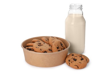 Delicious chocolate chip cookies and milk isolated on white