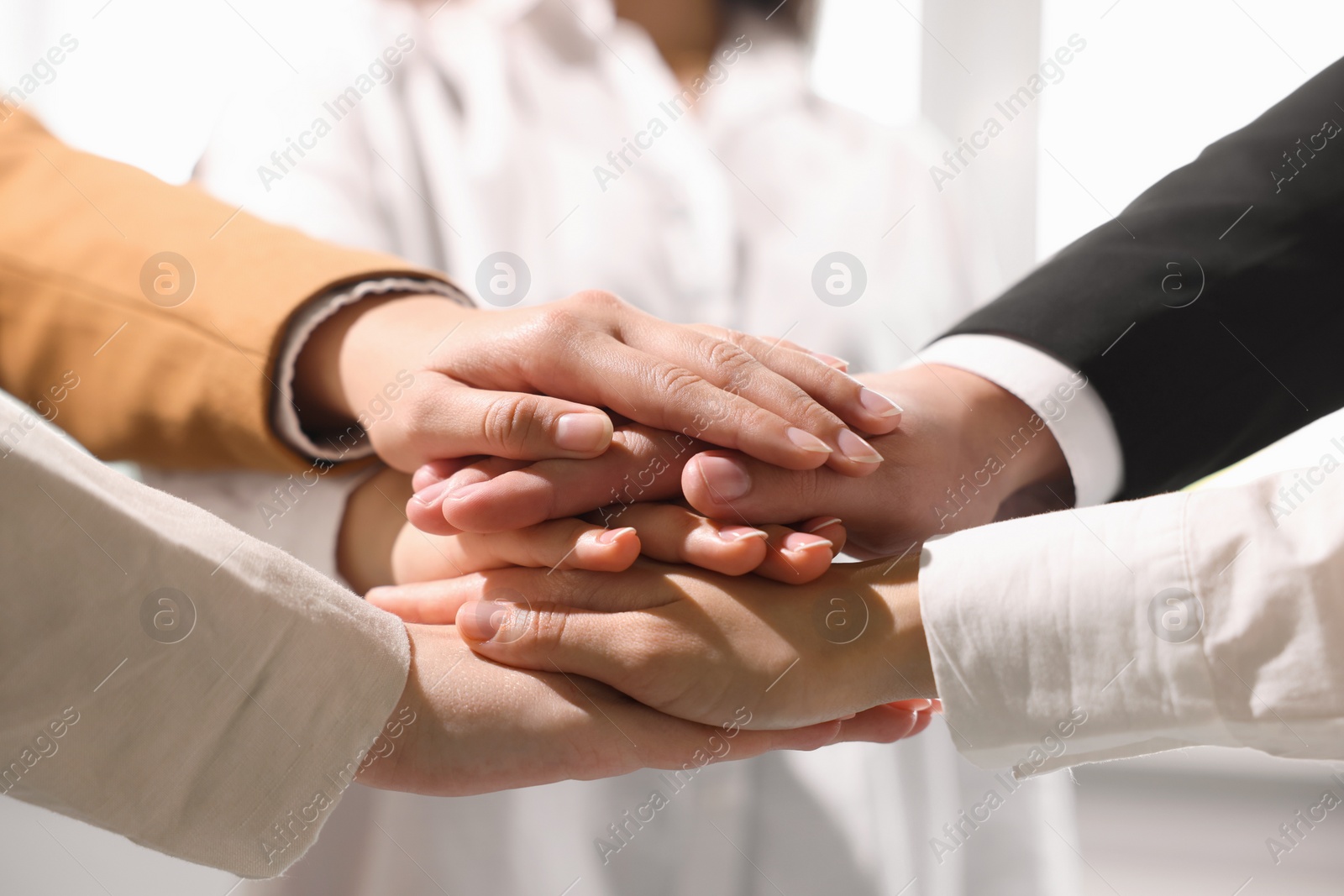 Photo of Group of people holding hands together indoors, closeup. Unity concept