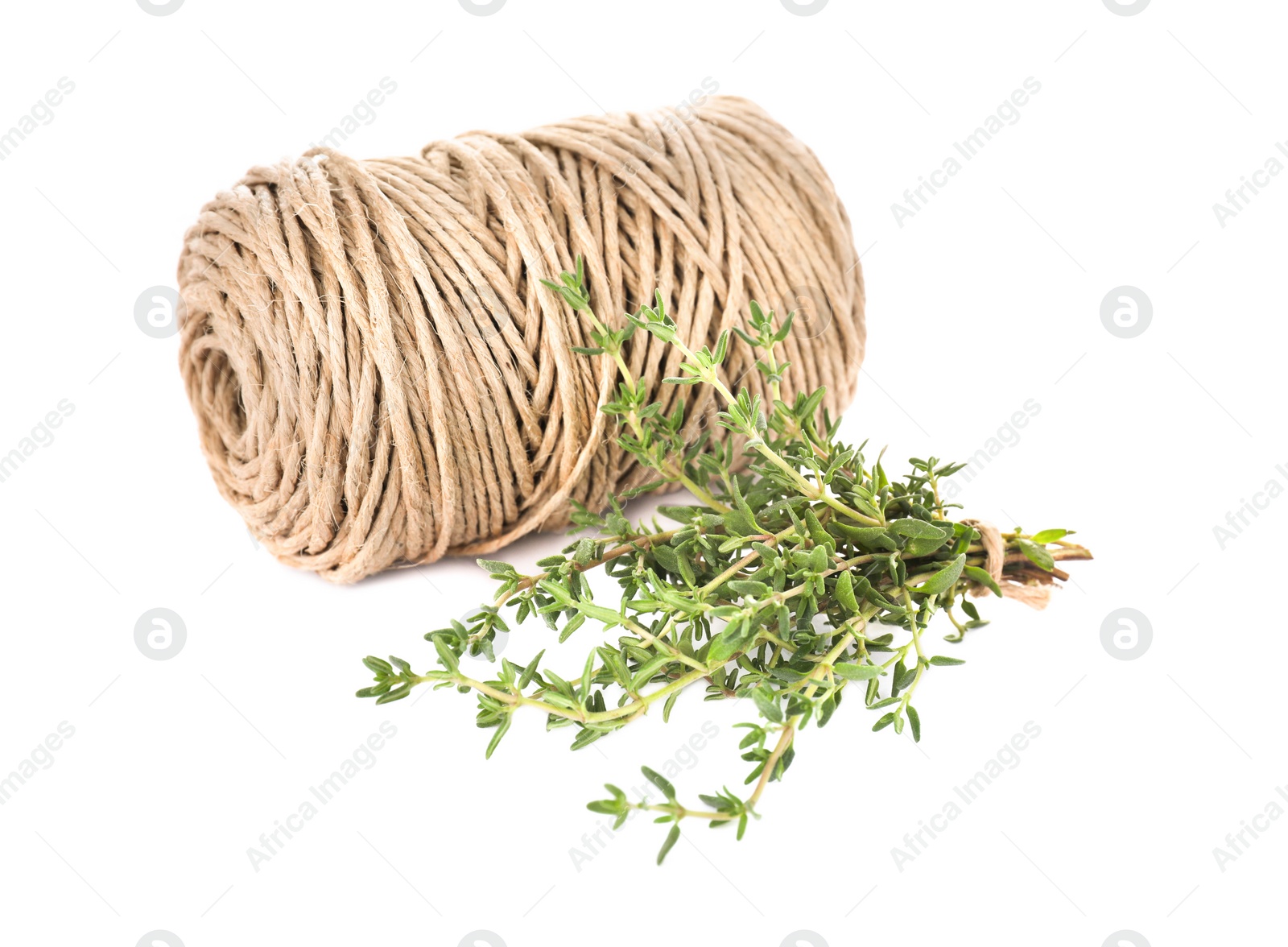 Photo of Bunch of fresh thyme and twine isolated on white