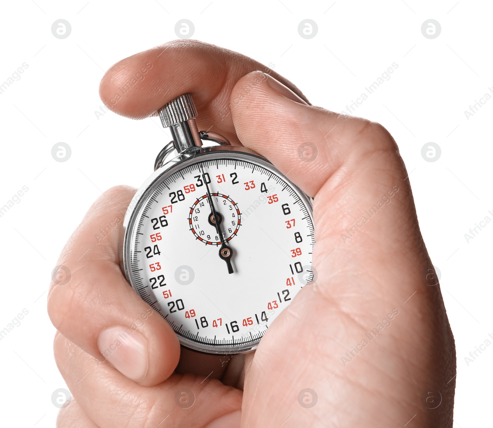 Photo of Man holding vintage timer on white background, closeup