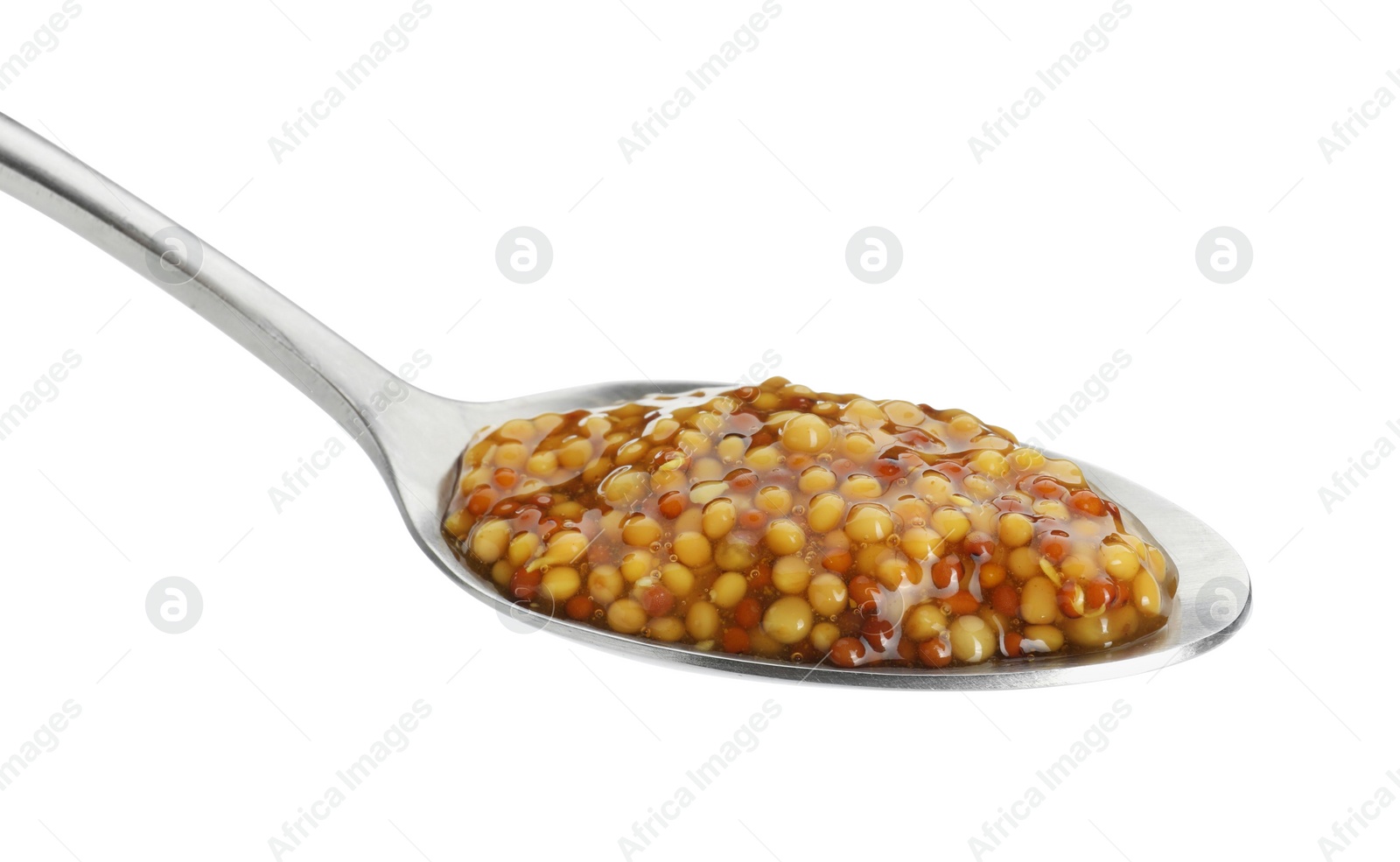 Photo of Spoon with fresh whole grain mustard isolated on white