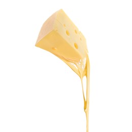 Tasty cheese stretching in air on white background