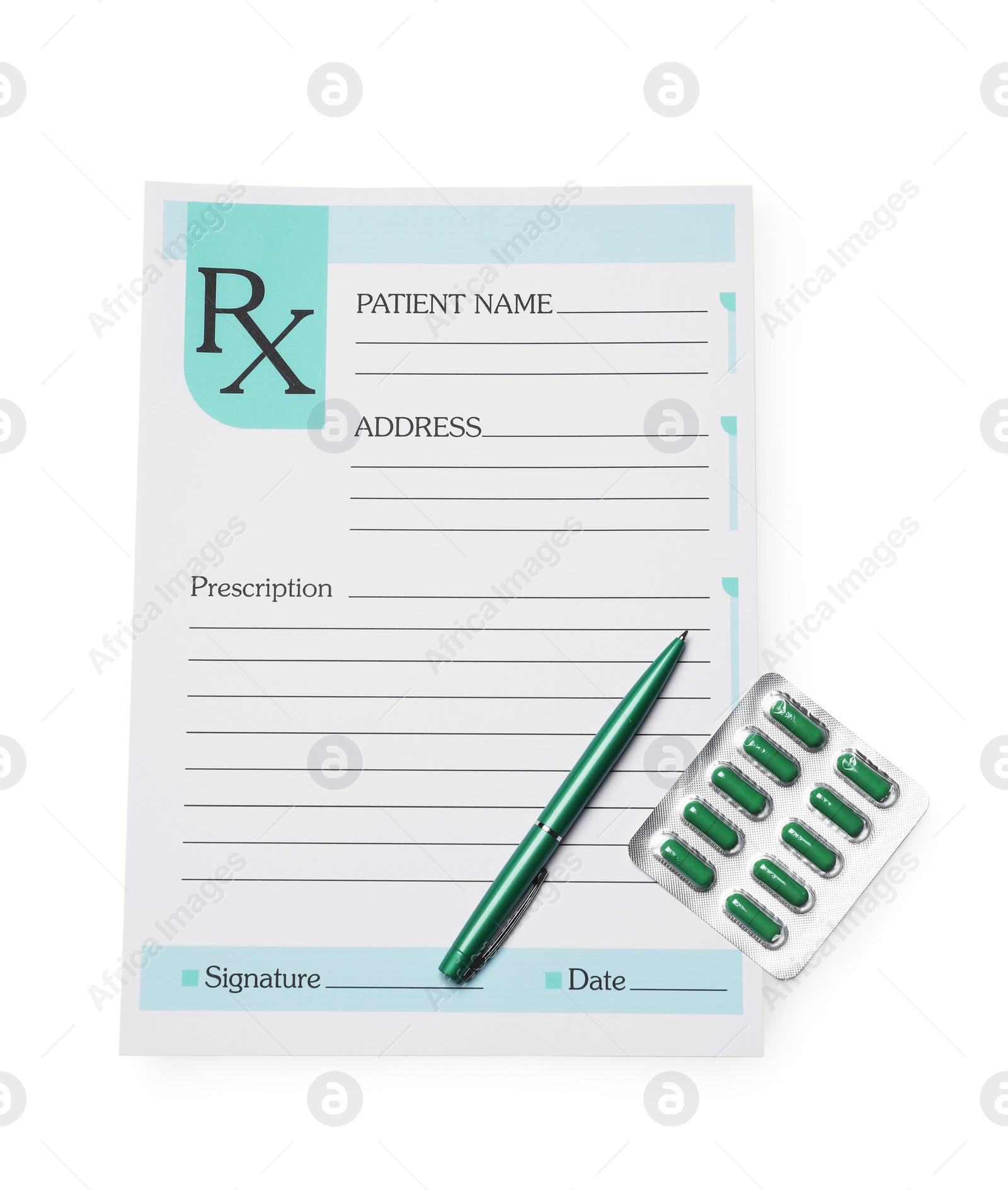 Photo of Medical prescription form, pen and pills on white background, top view
