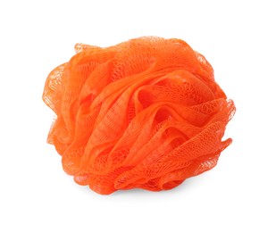 Photo of New orange shower puff isolated on white