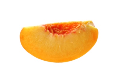 Photo of Slice of ripe peach isolated on white